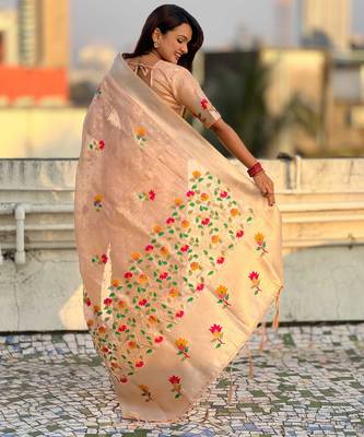 Peach with multicolor accents  woven zari floral motifs work paithani style saree  with blouse piece 2