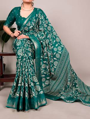 Slub silk saree with  floral print & silver zari 1