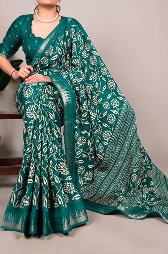 Slub silk saree with  floral print & silver zari
