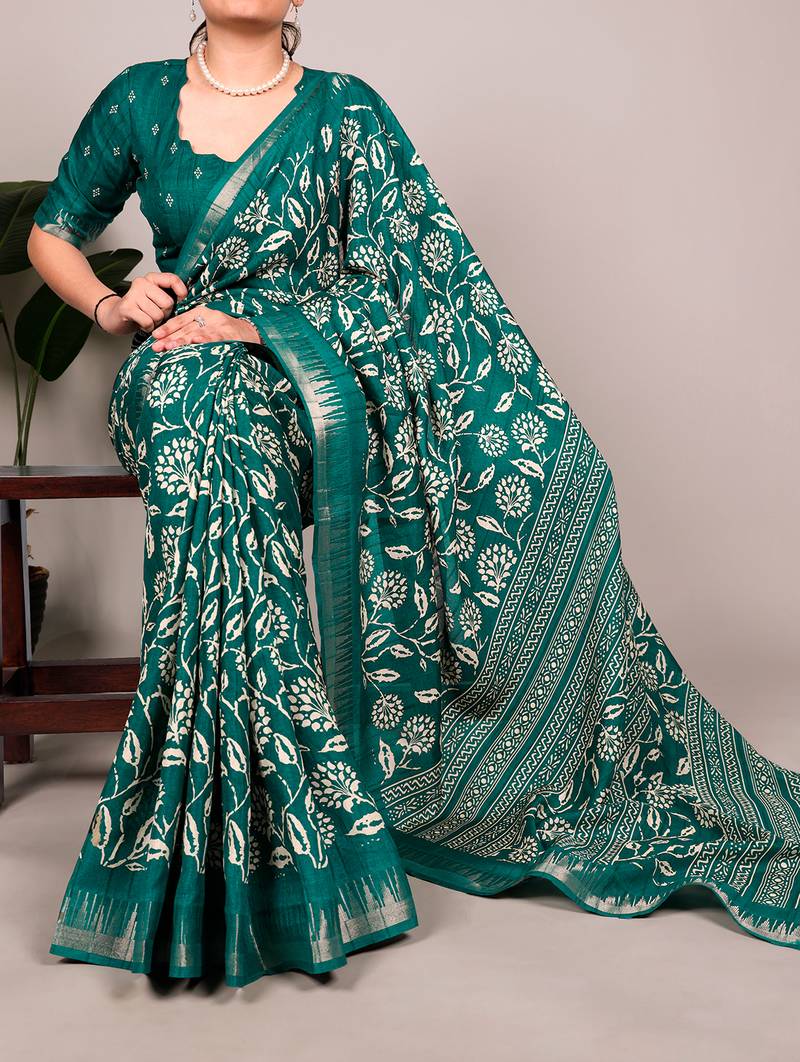 Slub silk saree with  floral print & silver zari