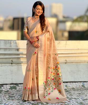 Peach with multicolor accents  woven zari floral motifs work paithani style saree  with blouse piece 3