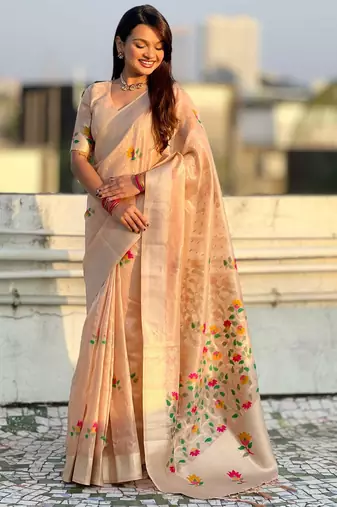 Peach with multicolor accents  woven zari floral motifs work paithani style saree  with blouse piece