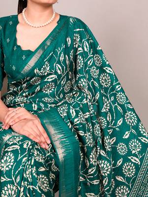 Slub silk saree with  floral print & silver zari 2
