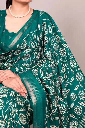 Slub silk saree with  floral print & silver zari