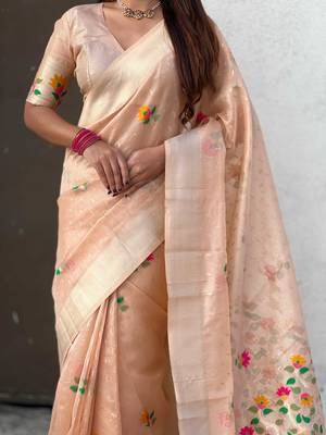 Peach with multicolor accents  woven zari floral motifs work paithani style saree  with blouse piece 5