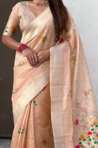 Peach with multicolor accents  woven zari floral motifs work paithani style saree  with blouse piece