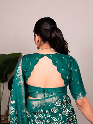Slub silk saree with  floral print & silver zari 3