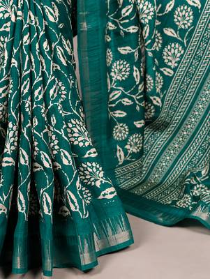 Slub silk saree with  floral print & silver zari 4