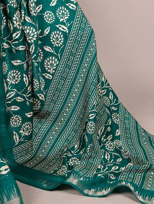 Slub silk saree with  floral print & silver zari 5