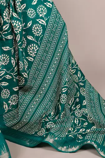 Slub silk saree with  floral print & silver zari