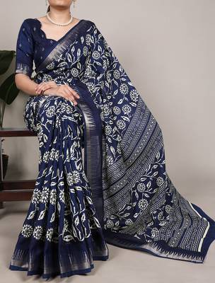 Slub silk saree with  floral print & silver zari 1