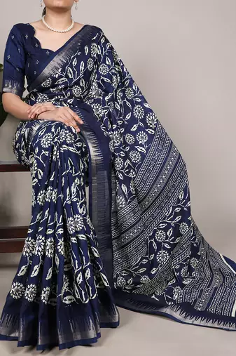 Slub silk saree with  floral print & silver zari