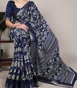 Slub silk saree with  floral print & silver zari