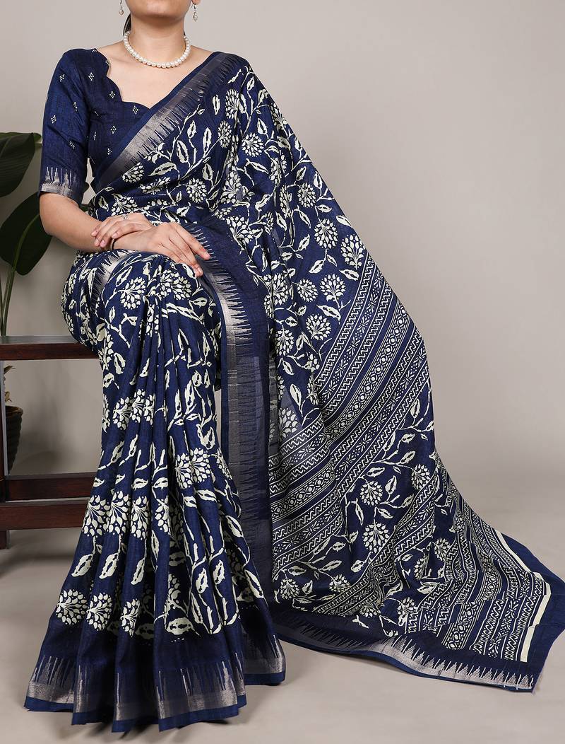 Slub silk saree with  floral print & silver zari