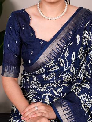 Slub silk saree with  floral print & silver zari 2