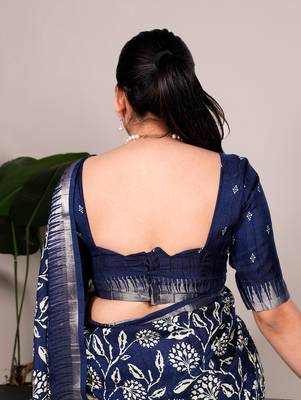 Slub silk saree with  floral print & silver zari 3