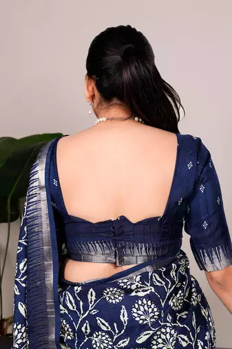 Slub silk saree with  floral print & silver zari