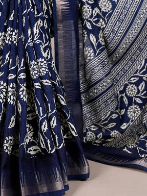 Slub silk saree with  floral print & silver zari 4