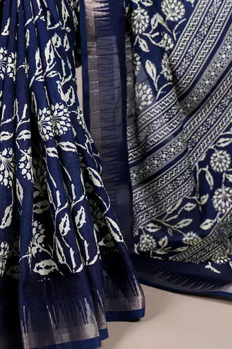 Slub silk saree with  floral print & silver zari