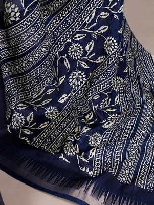 Slub silk saree with  floral print & silver zari 5