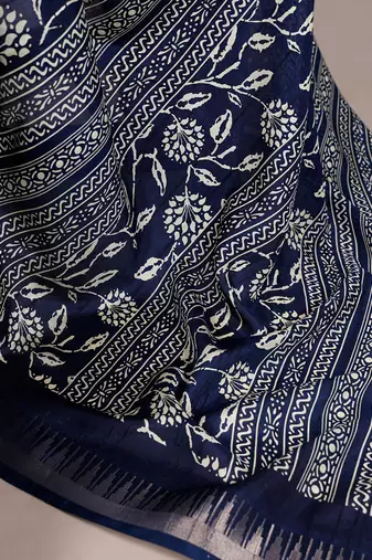 Slub silk saree with  floral print & silver zari