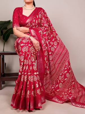 Slub silk saree with  floral print & silver zari 1