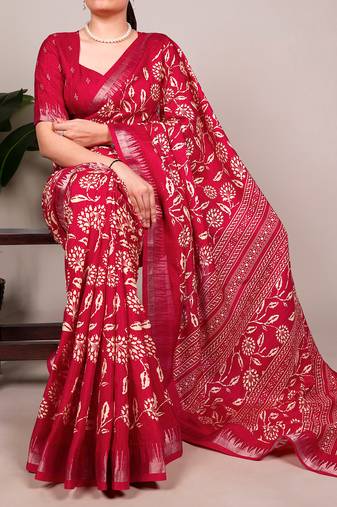 Slub silk saree with  floral print & silver zari