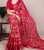 Slub silk saree with  floral print & silver zari