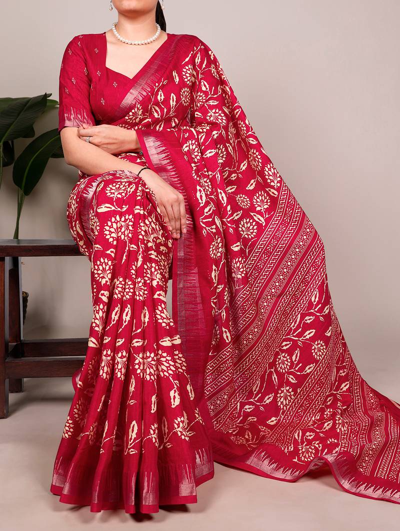 Slub silk saree with  floral print & silver zari