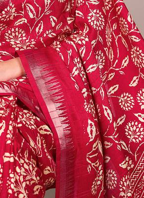 Slub silk saree with  floral print & silver zari 2