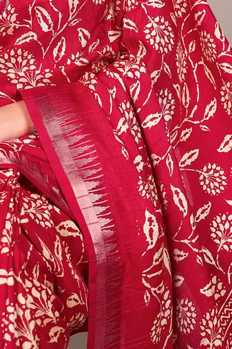 Slub silk saree with  floral print & silver zari