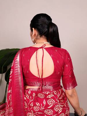 Slub silk saree with  floral print & silver zari 3