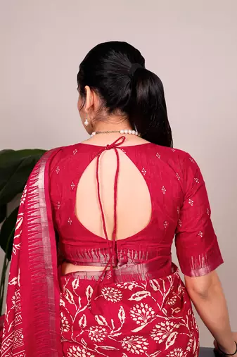 Slub silk saree with  floral print & silver zari
