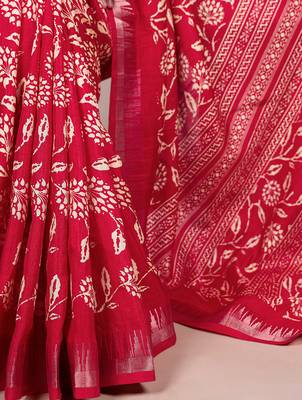 Slub silk saree with  floral print & silver zari 4