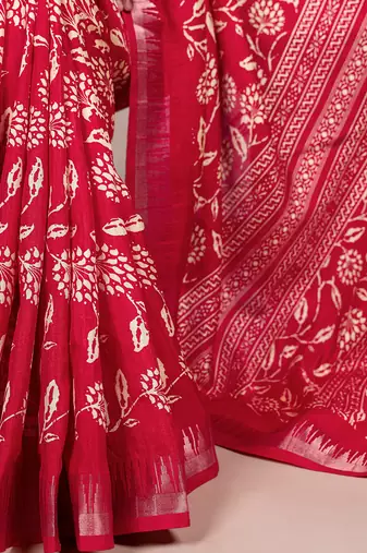 Slub silk saree with  floral print & silver zari