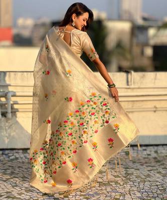 Cream with multicolor accents  woven zari floral motifs work   paithani style saree 2