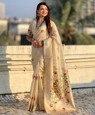 Cream with multicolor accents  woven zari floral motifs work   paithani style saree 3