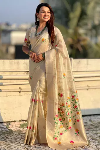 Cream with multicolor accents  woven zari floral motifs work   paithani style saree