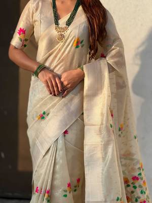 Cream with multicolor accents  woven zari floral motifs work   paithani style saree 5