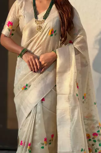Cream with multicolor accents  woven zari floral motifs work   paithani style saree