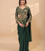 Dark Green Color Embroidered,Thread & Beads Work Work Faux Georgette Ready To Wear Saree