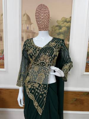 dark green embroidered,thread & beads work work faux georgette ready to wear saree 3