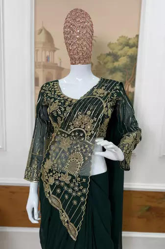 dark green embroidered,thread & beads work work faux georgette ready to wear saree