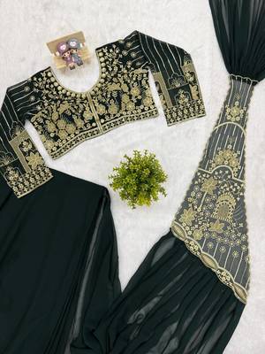 dark green embroidered,thread & beads work work faux georgette ready to wear saree 5