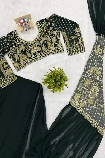 dark green embroidered,thread & beads work work faux georgette ready to wear saree