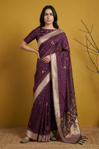 Light purple with multicolor accents  woven zari small buti & floral border work