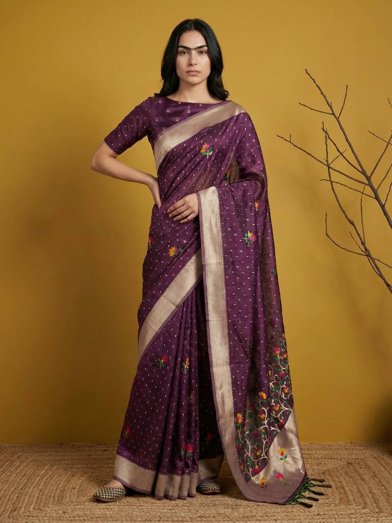 Light purple with multicolor accents  woven zari small buti & floral border work