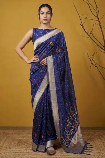 Blue with multicolor accents  woven zari small buti & floral border work  silk blend