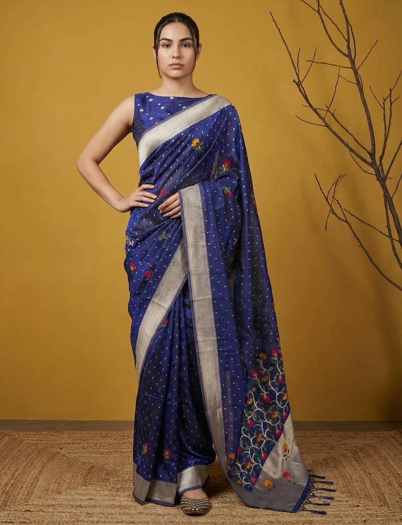 Blue with multicolor accents  woven zari small buti & floral border work  silk blend