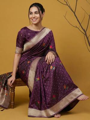 Light purple with multicolor accents  woven zari small buti & floral border work 5
